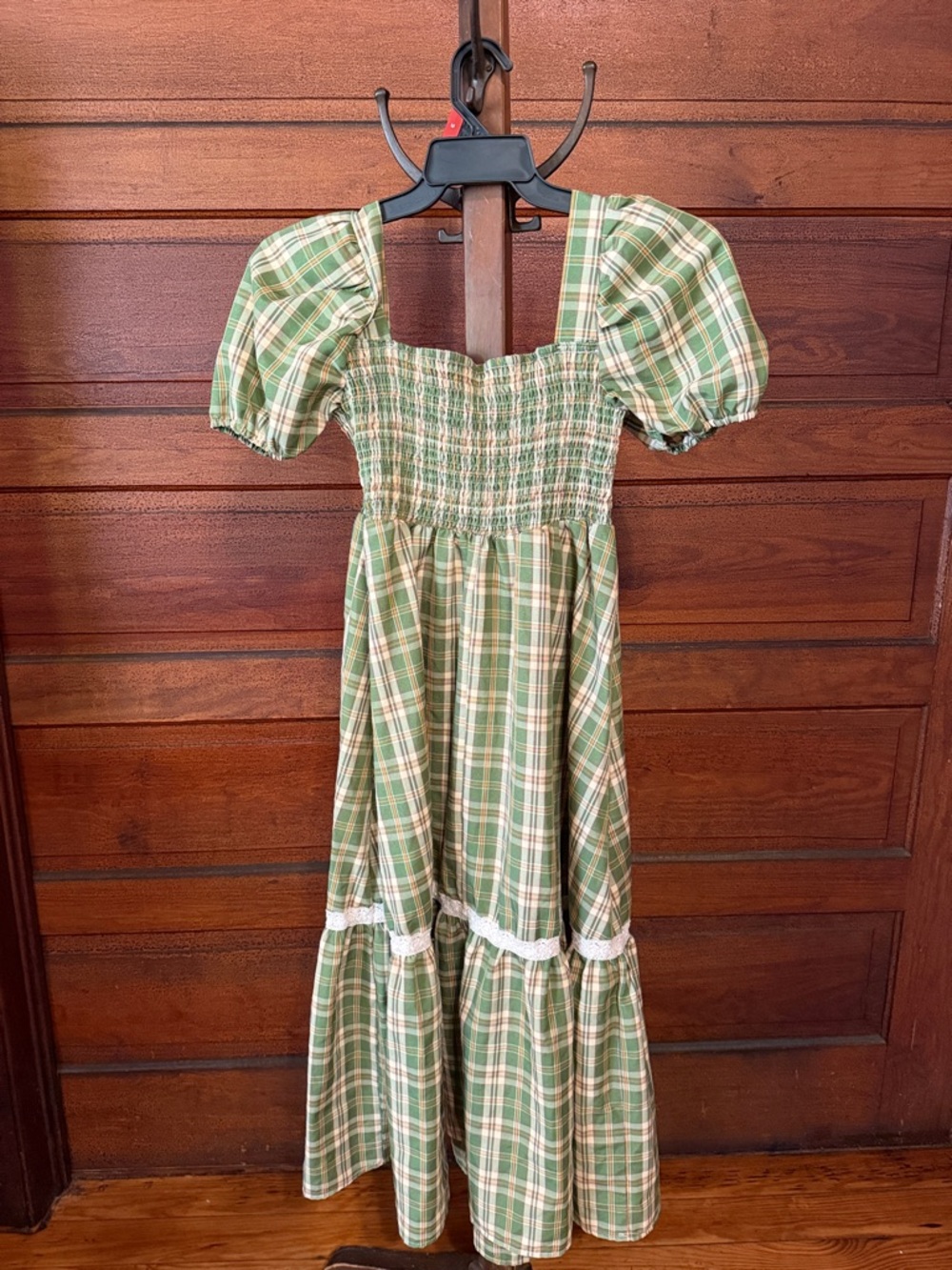 Smocked Puff-Sleeve Green Plaid Maxi Dress